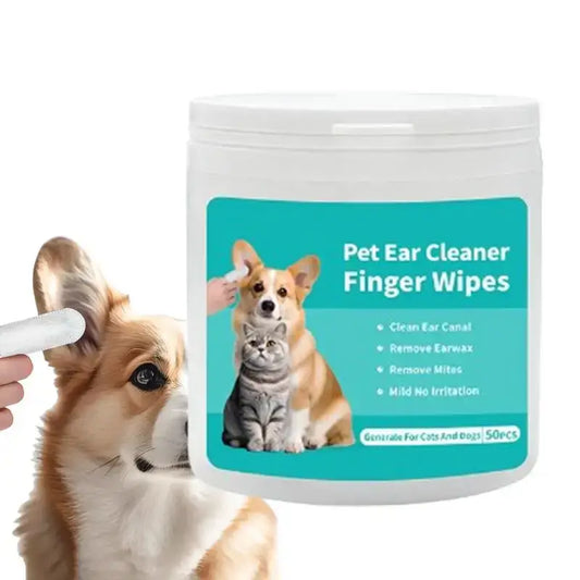 Pet ear cleaner finger wipes container with a dog and cat pictured on the label.