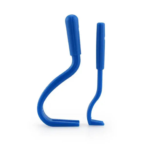 Two blue plastic hook-shaped tools or devices.