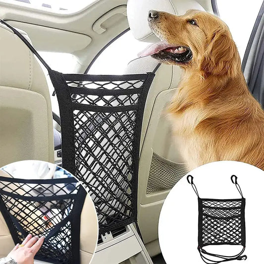 Elastic mesh barrier that stretches between car seats to create a storage compartment.