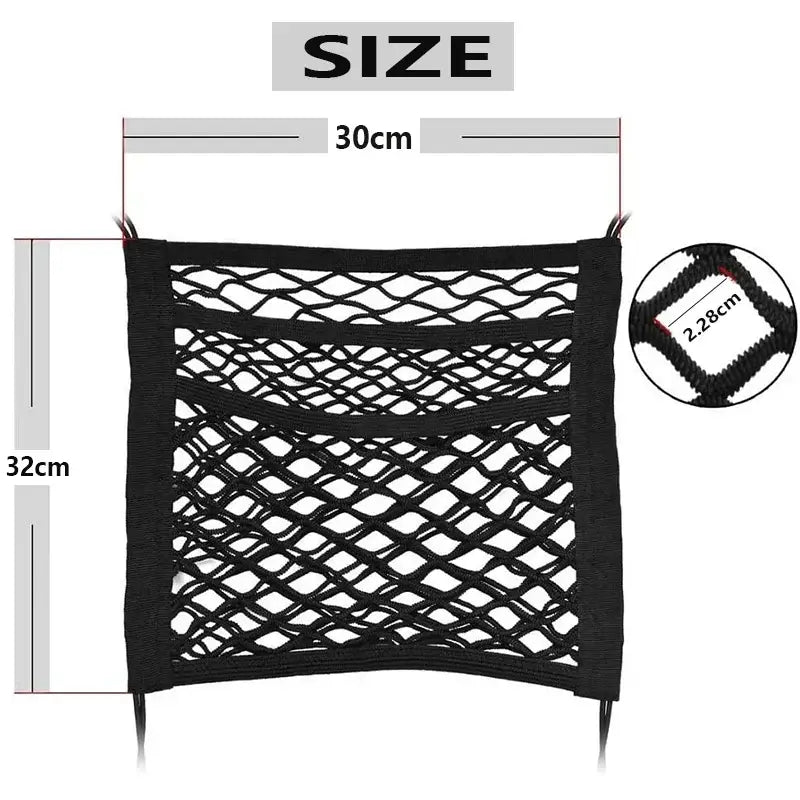 Elastic mesh storage net with dimensions labeled.