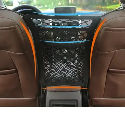 Mesh storage net stretched between car seats with orange trim.