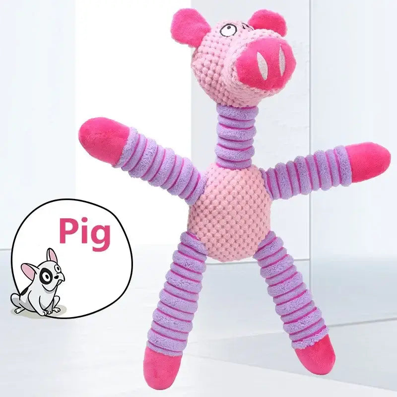 Pink and purple plush pig toy with textured fabric and elongated limbs.