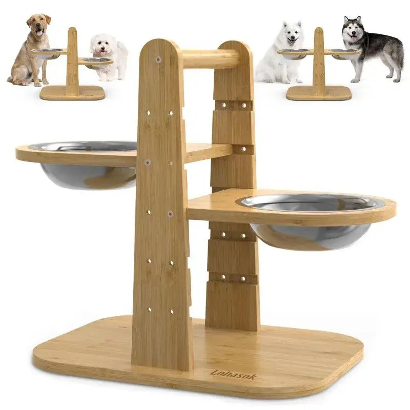 Wooden elevated dog feeder with two stainless steel bowls.