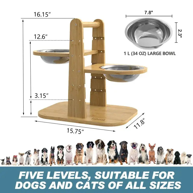 Wooden pet feeder stand with adjustable height levels and metal bowls.