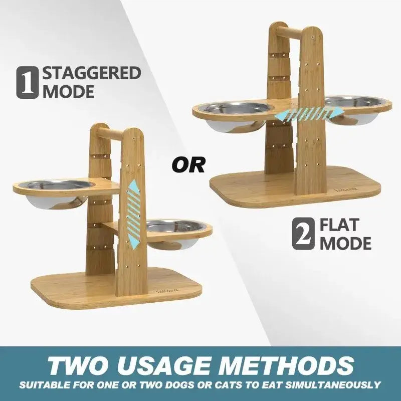 Wooden pet feeding station with adjustable platforms for single or dual pet use.