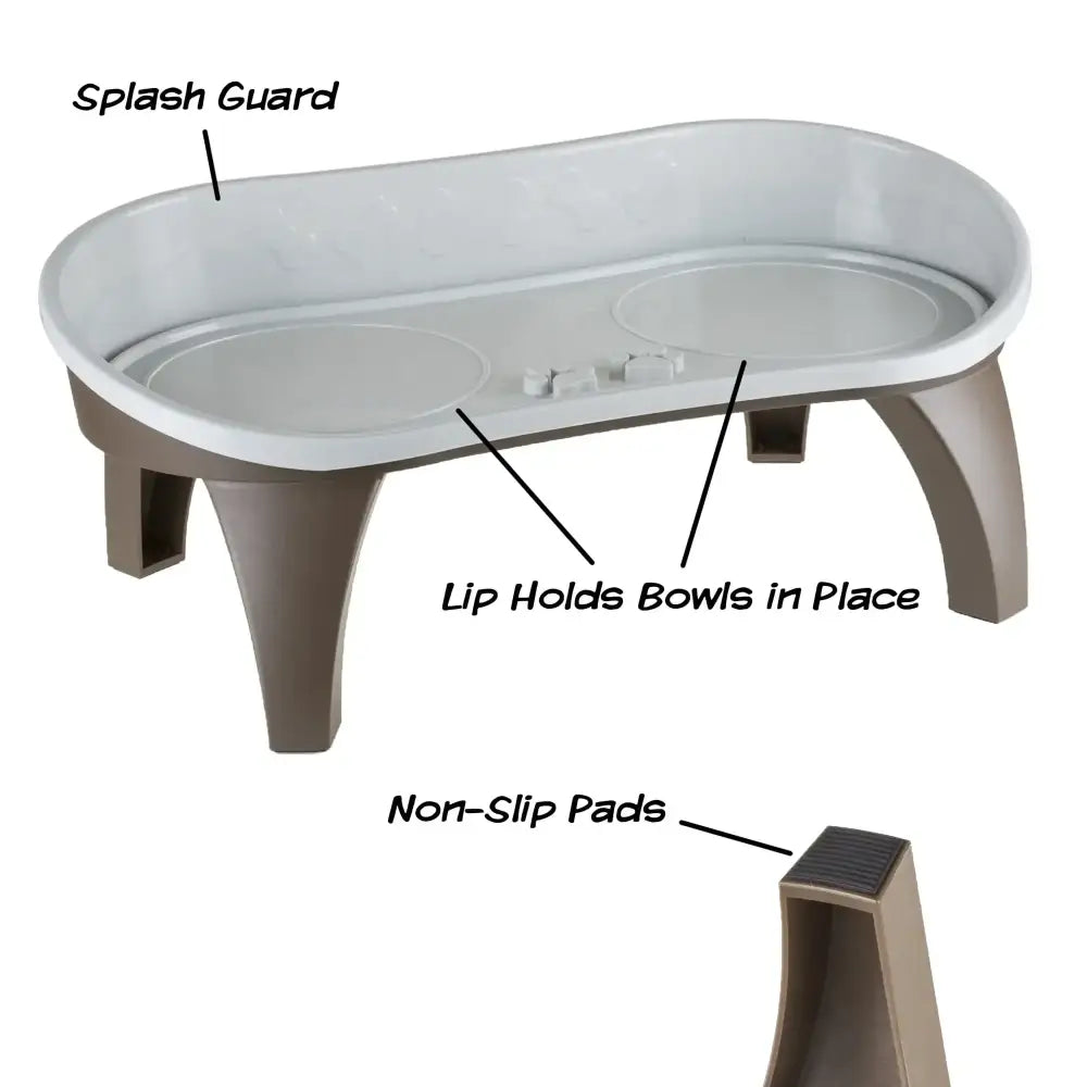 Elevated pet feeding station with labeled features including a splash guard, lip to hold bowls, and non-slip pads on the legs.