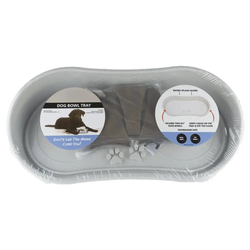 Gray plastic pet food and water bowl set with dual compartments.