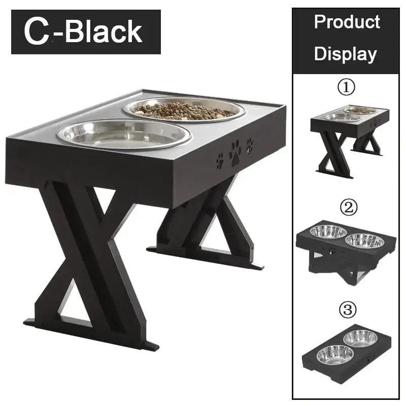 Elevated pet feeding station with two stainless steel bowls on a black X-shaped stand.