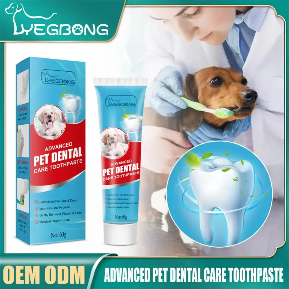 Pet dental care toothpaste product with packaging and usage demonstration.