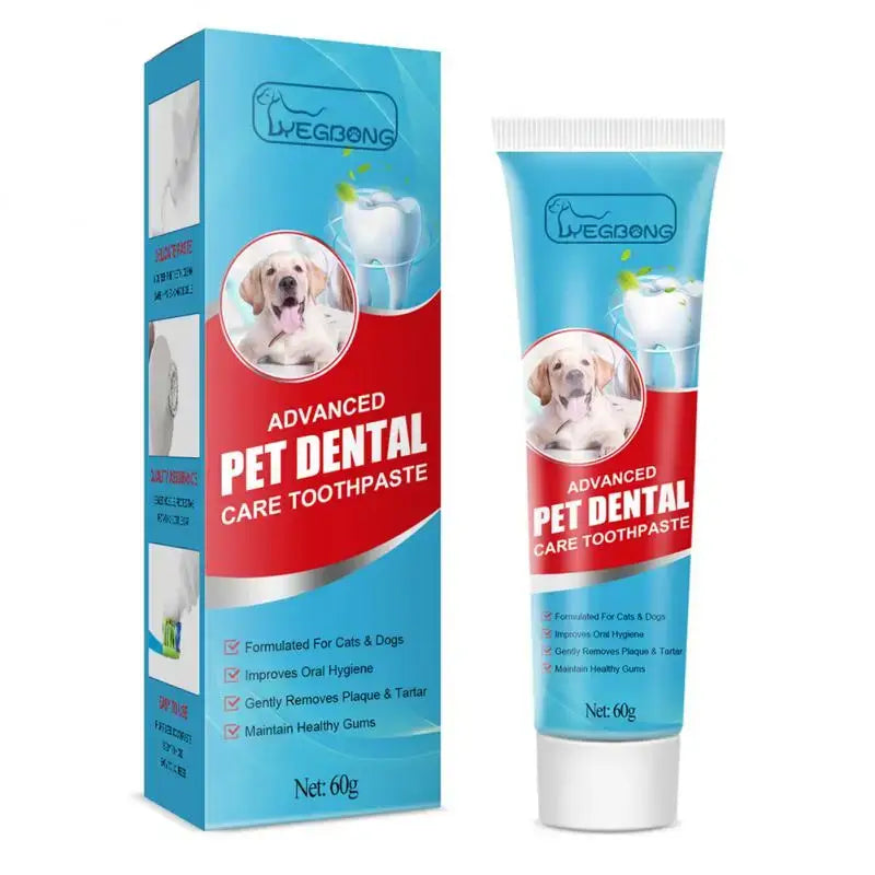 Pet dental care toothpaste product with packaging featuring a dog image.