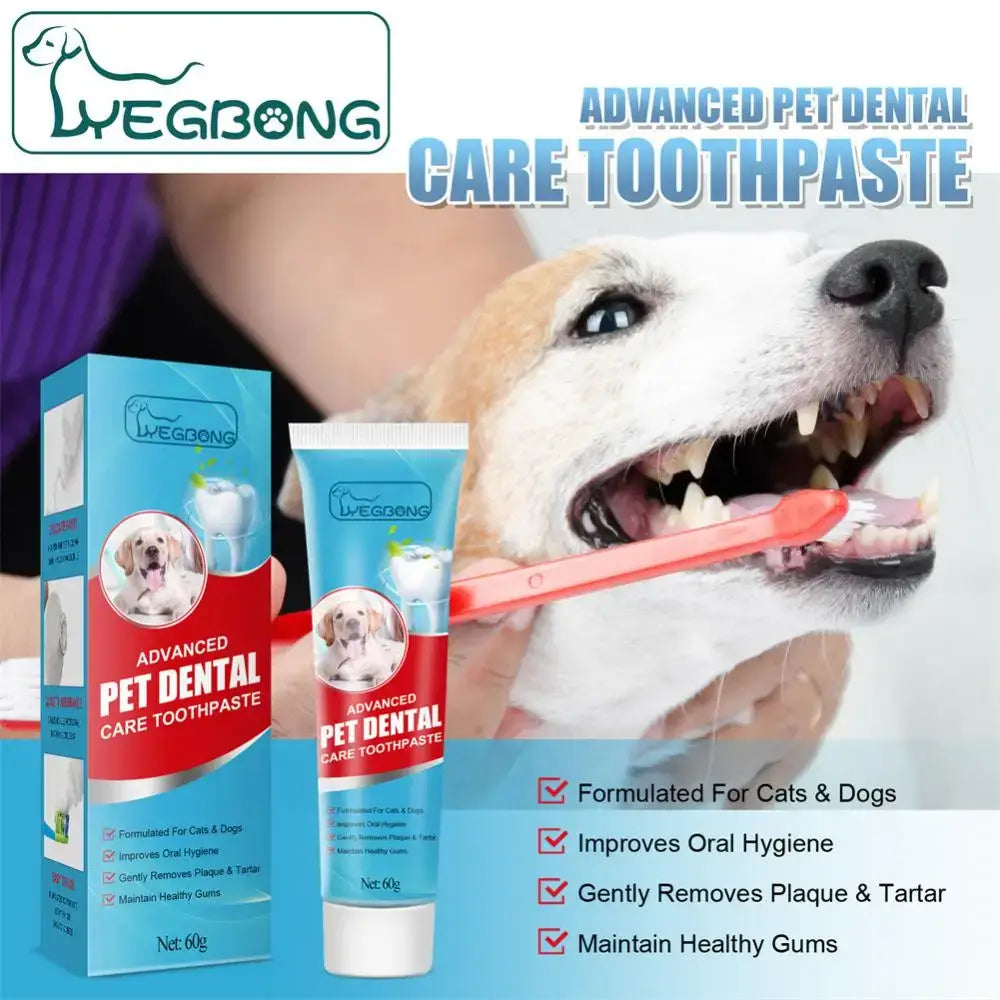 Pet dental care toothpaste product with packaging and a dog demonstrating its use.