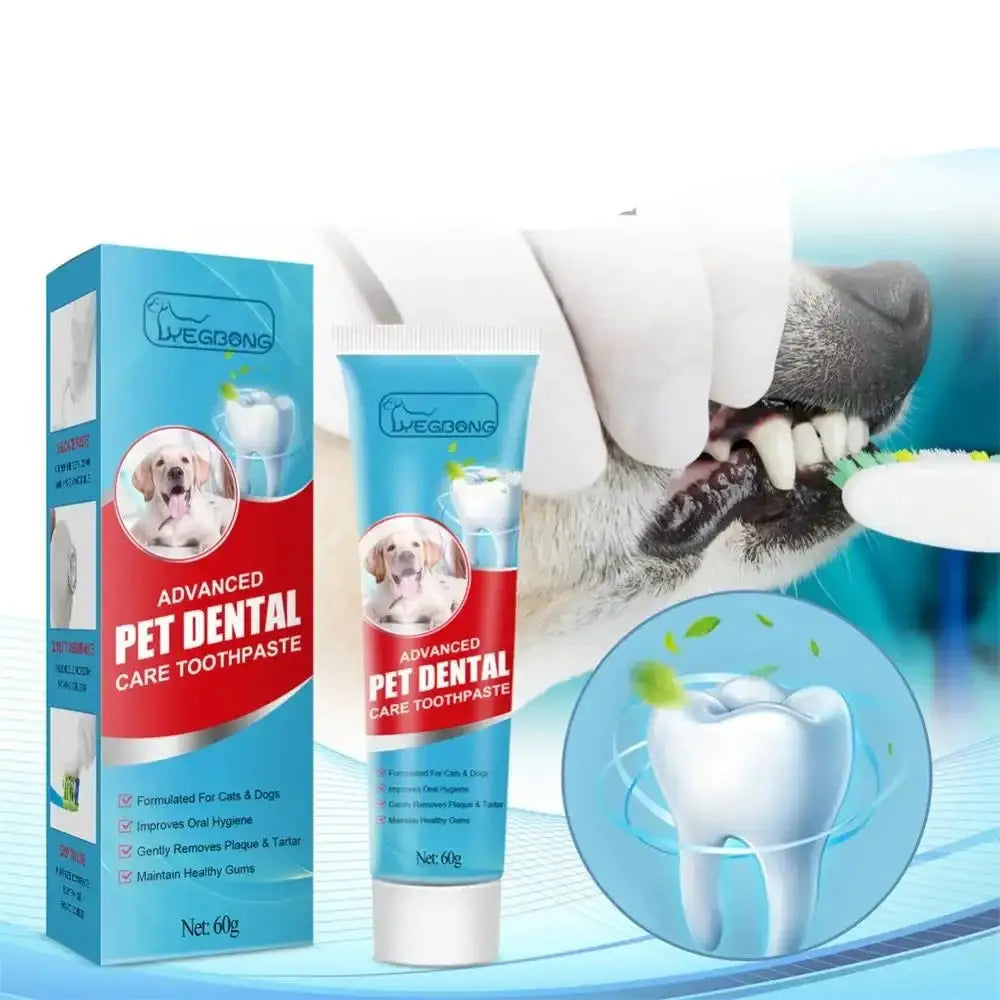 Pet dental care toothpaste product with packaging and visual elements showing a dog and tooth illustration.