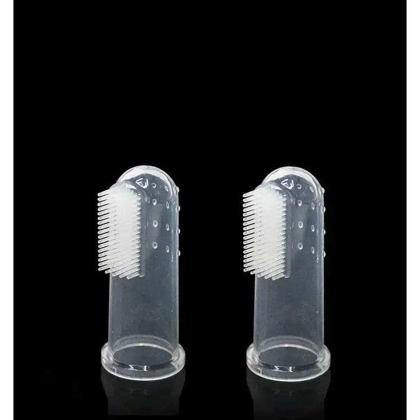 Finger toothbrushes with soft silicone bristles and clear plastic bases.