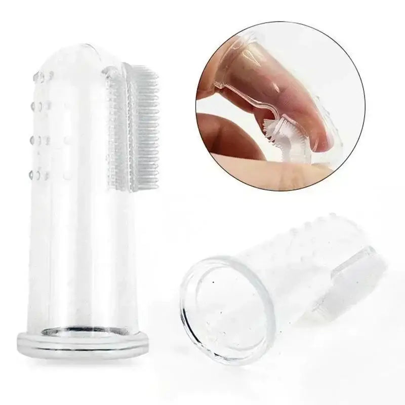 Silicone finger toothbrush for babies or pets with a protective case.