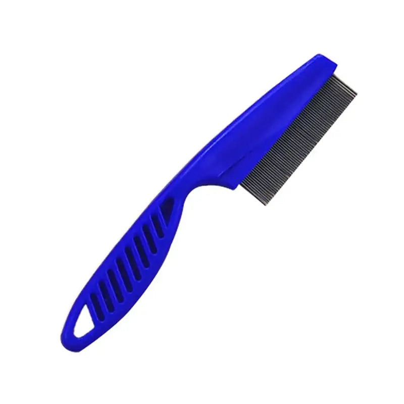 Blue plastic flea comb with a handle and fine metal teeth.