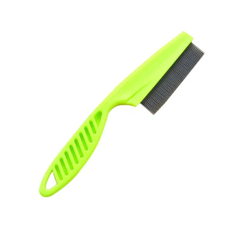 Neon green plastic comb with a fine-toothed metal section for grooming.