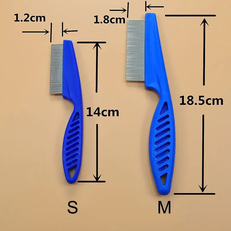 Pet grooming combs with blue handles and metal teeth.