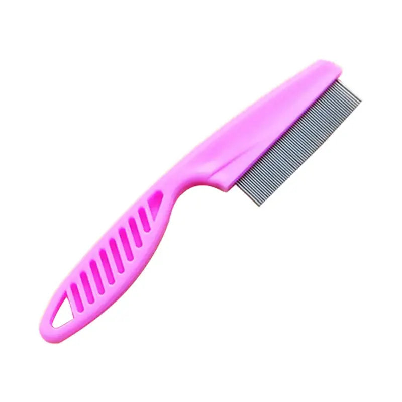 Pink plastic pet grooming comb with fine metal teeth.