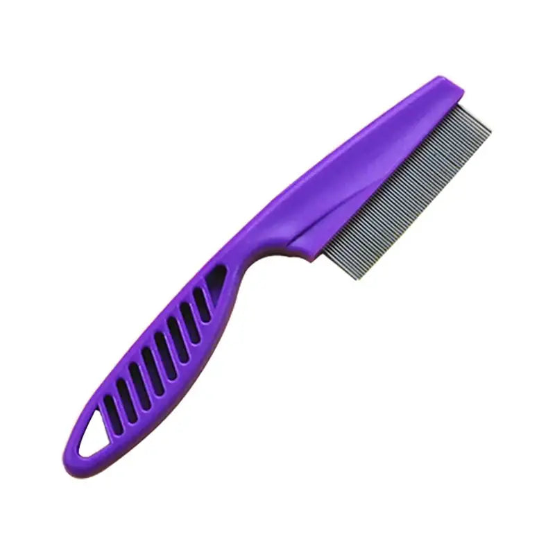 Purple-handled flea comb with fine metal teeth.