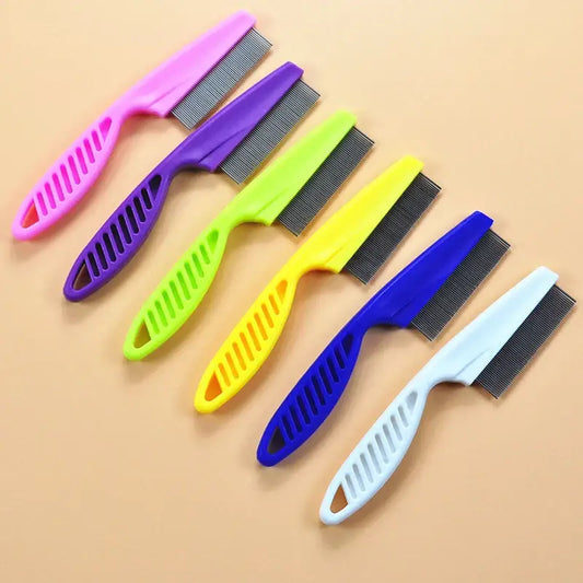 Set of colorful pet grooming combs with fine metal teeth and plastic handles.