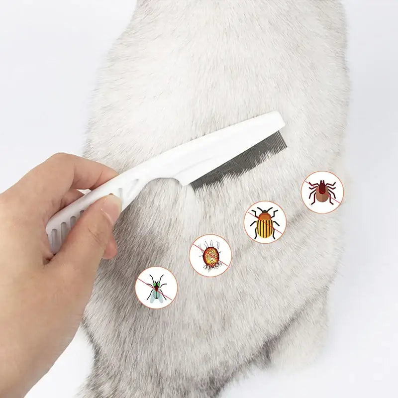 White fur brush with insect icons floating above it.