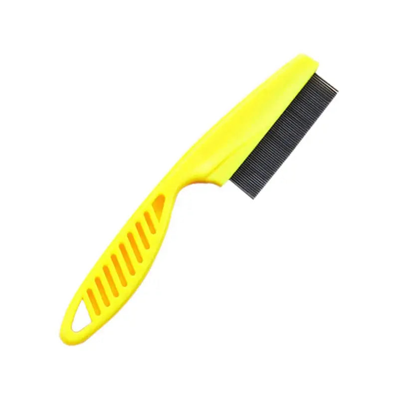 Yellow plastic comb with a handle and black bristles.