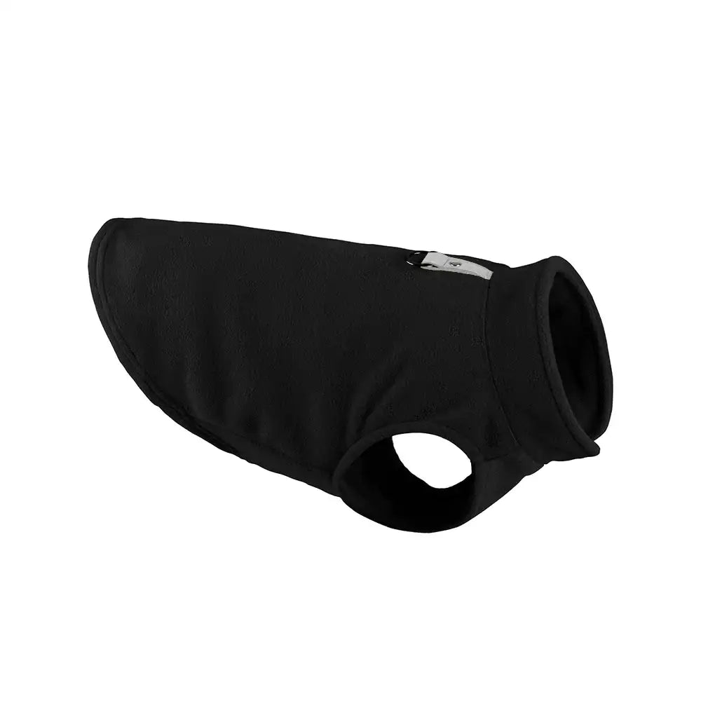 Black fleece dog vest with a hole for a leash attachment.