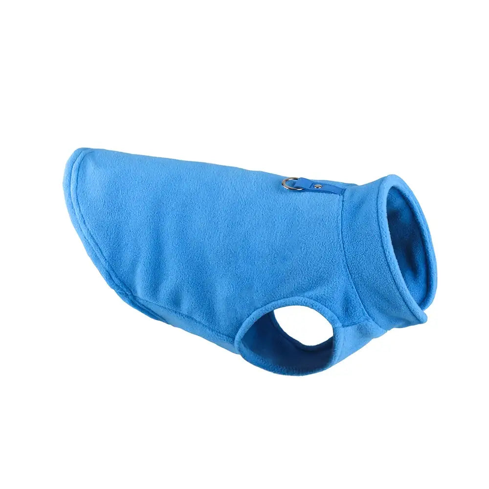 Blue fleece dog vest with a hole for a leash attachment.