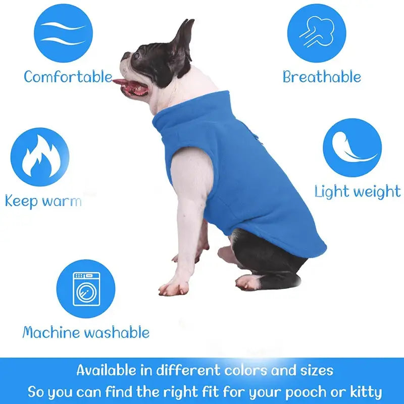 Blue sleeveless dog vest with various feature icons surrounding it.