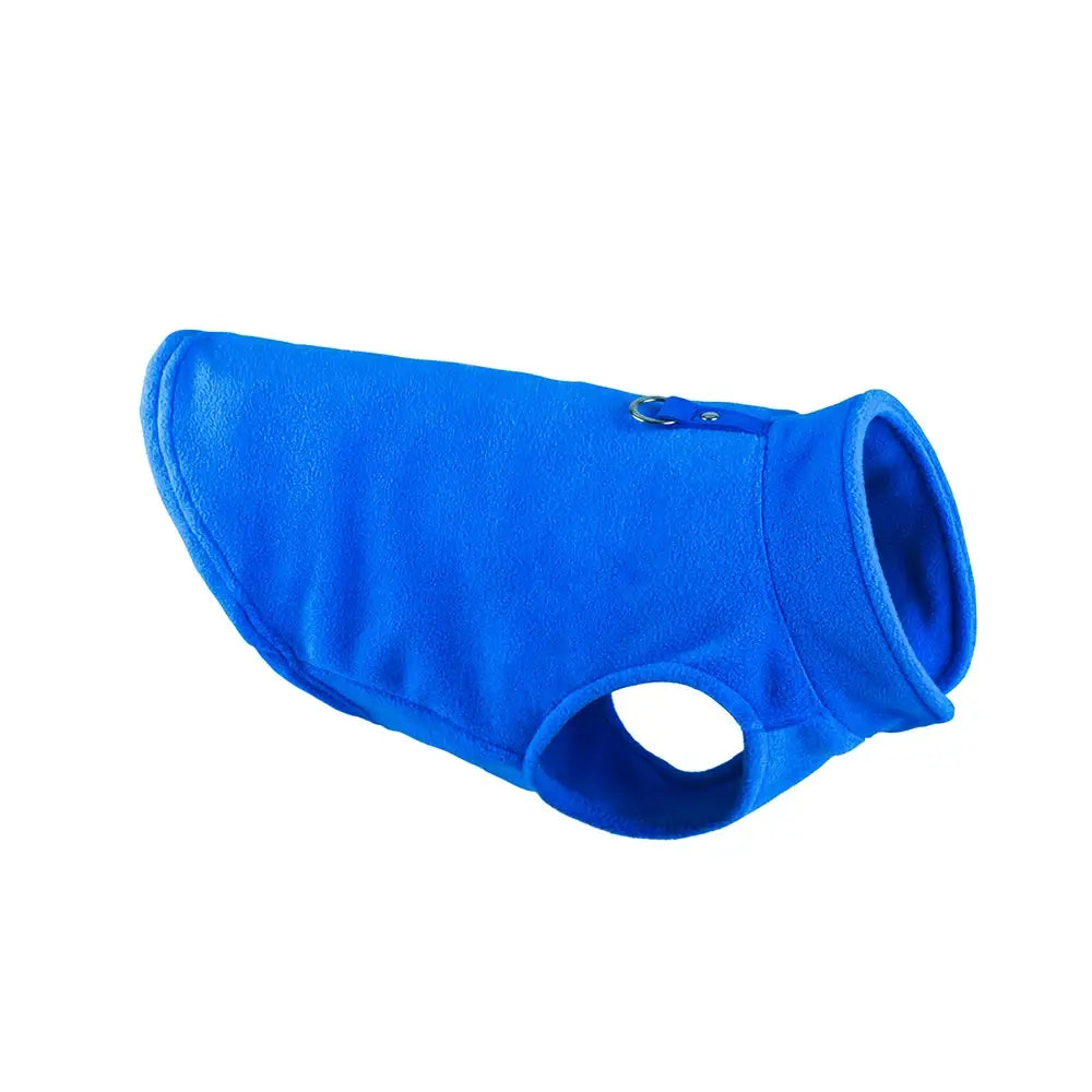 Bright blue fleece dog vest or jacket.