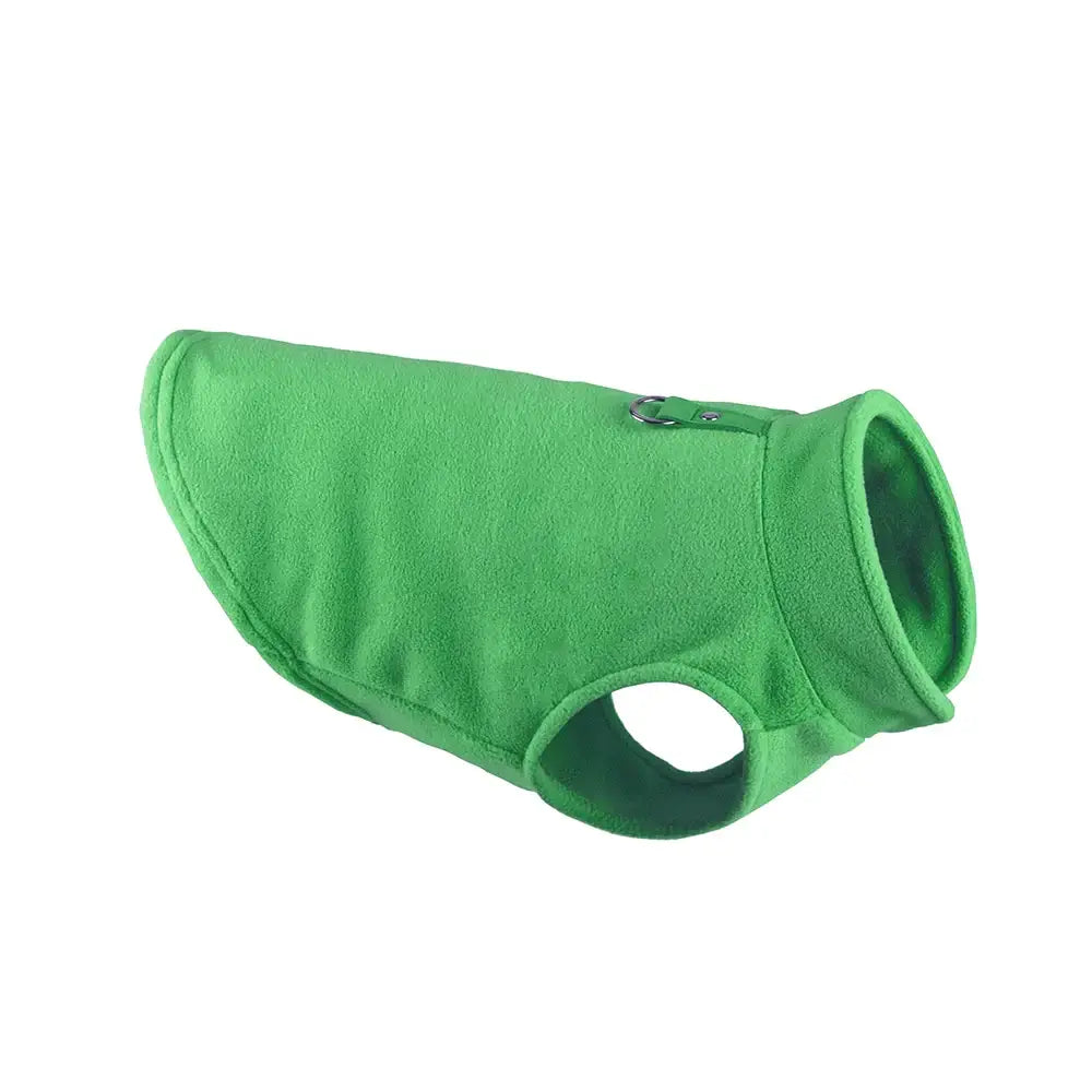 Bright green fleece dog vest with a hole for a leash attachment.