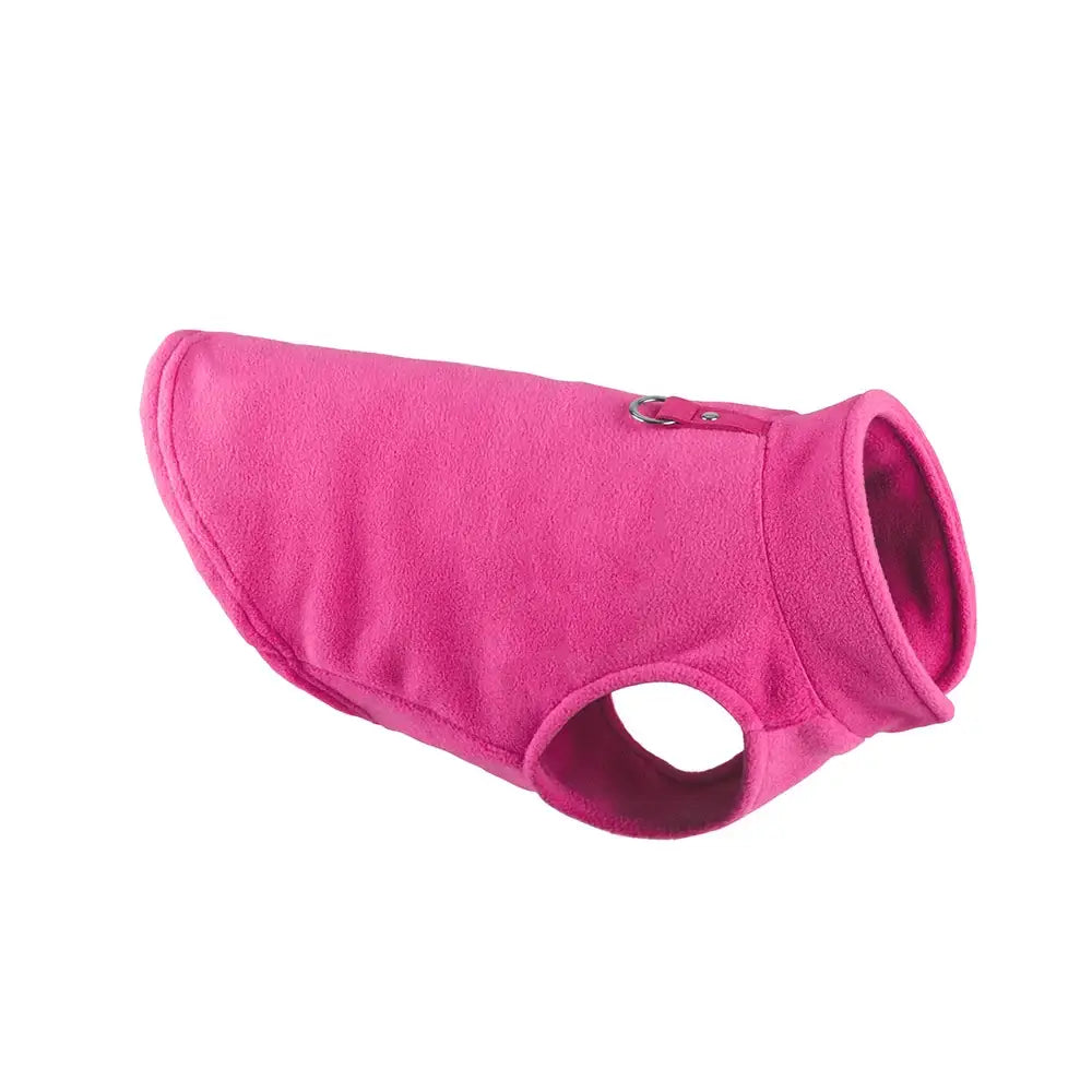 Bright pink fleece dog vest with a hole for a leash attachment.