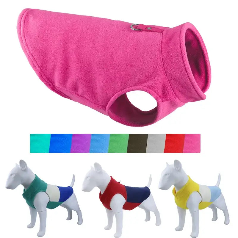 Bright pink fleece dog vest with a hole for a leash attachment.