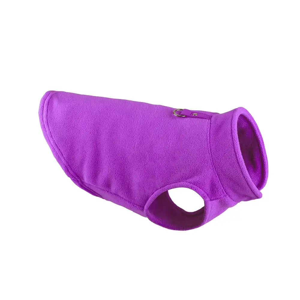 Bright purple fleece dog vest with a hole for a leash attachment.