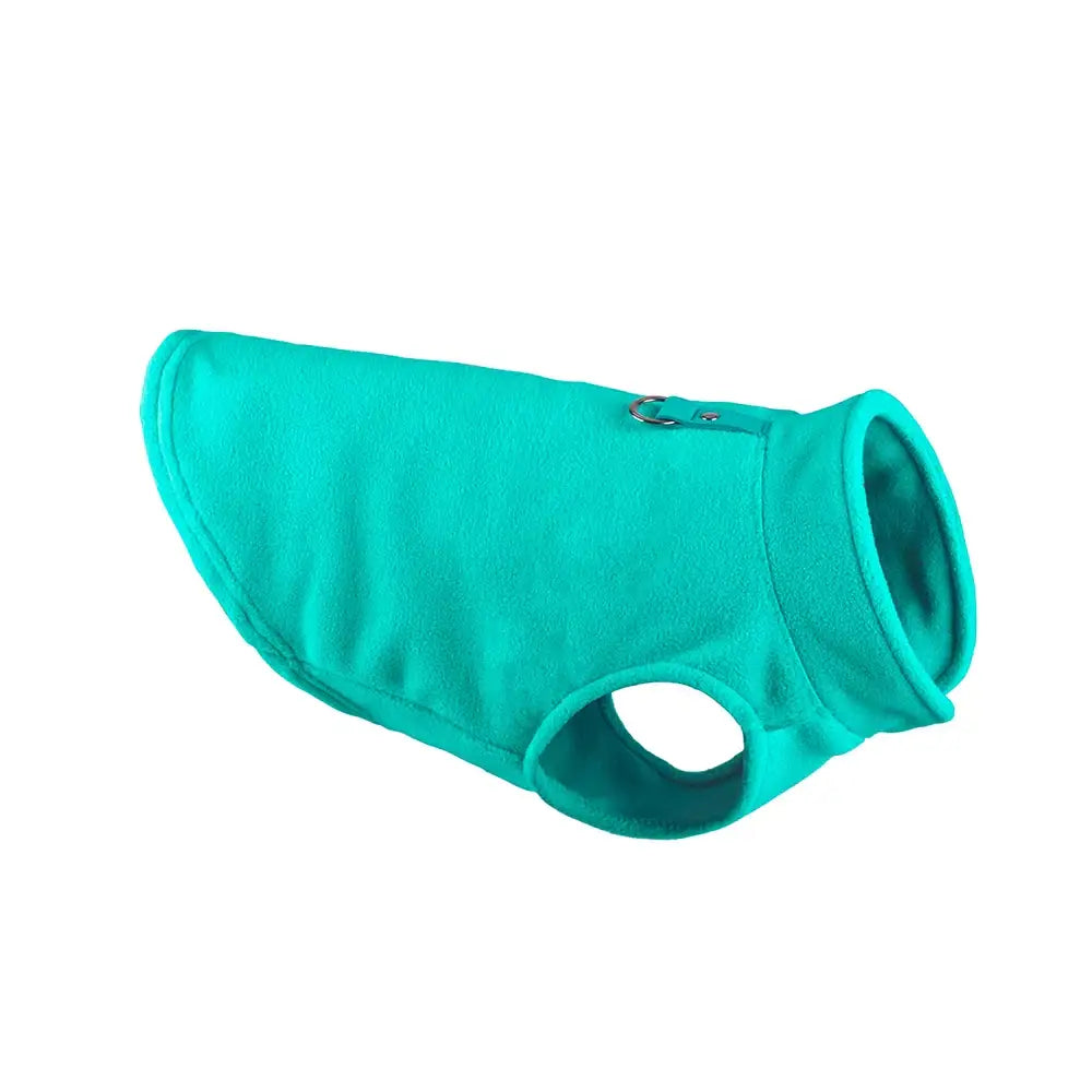 Bright teal fleece dog vest or jacket.