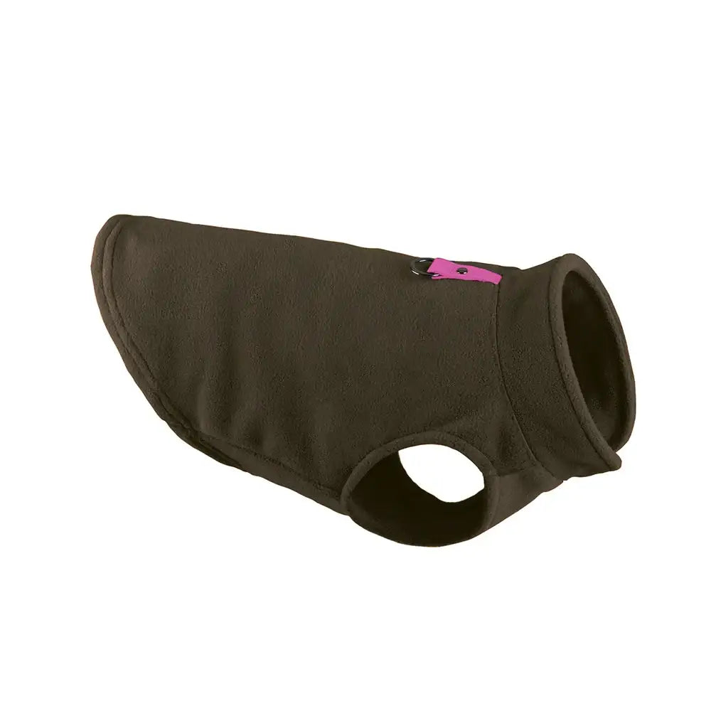 Dark green fleece dog vest with a pink tag.