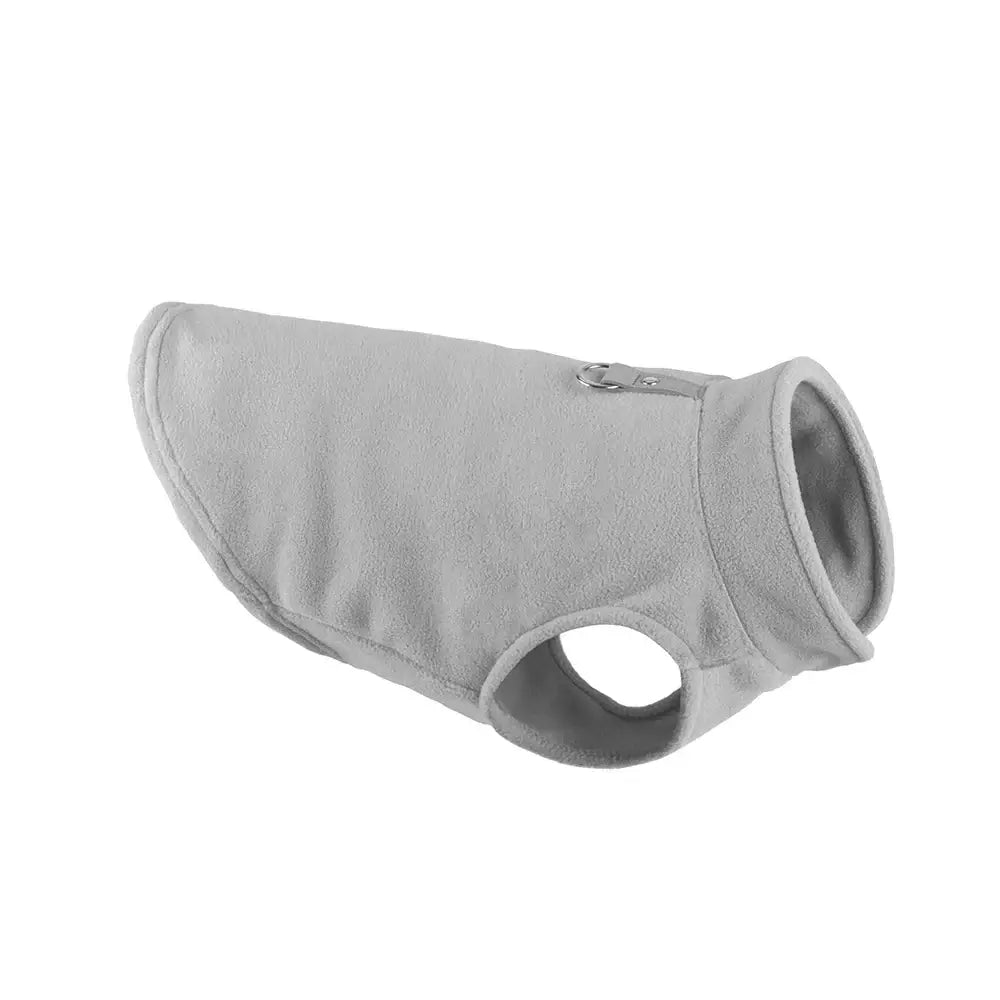 Gray fleece dog vest with a hole for a leash attachment.