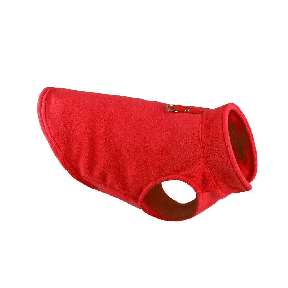 Red fleece dog vest with a hole for a leash attachment.