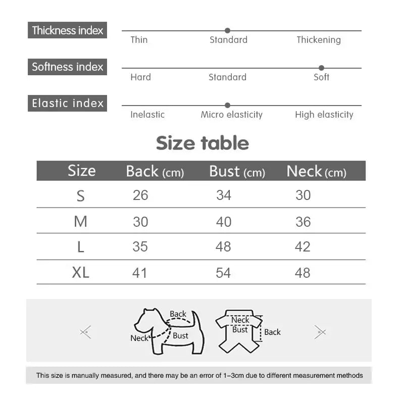 Size table and measurement guide for a garment, including thickness, softness, and elasticity indices.