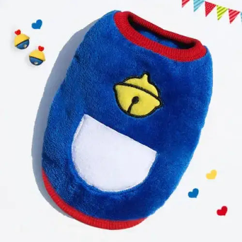 Blue plush pet costume with a yellow bell and white belly patch.