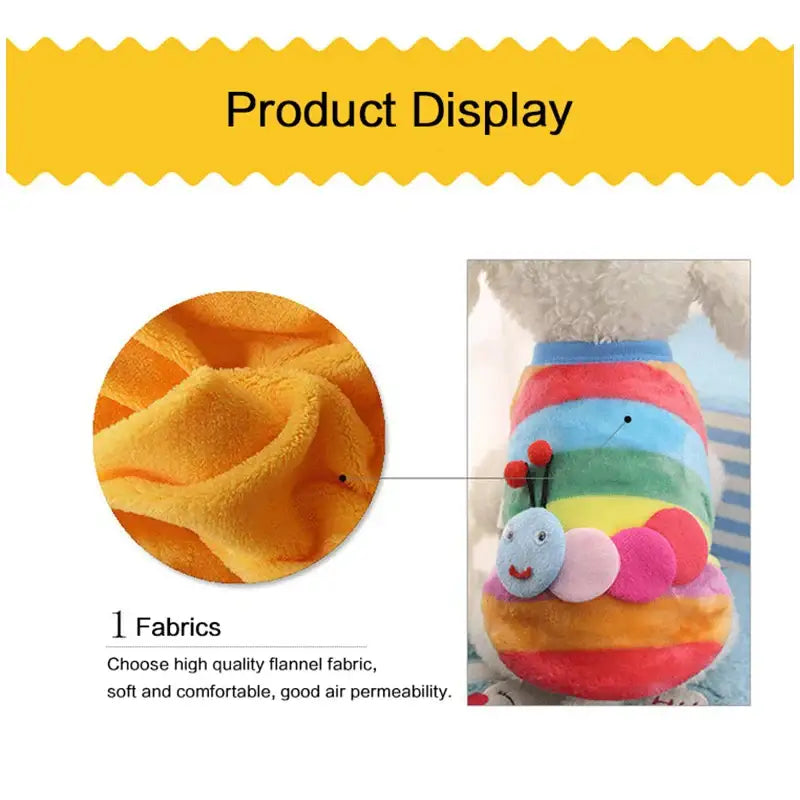 Colorful plush caterpillar toy with a rainbow-striped body and smiling face.