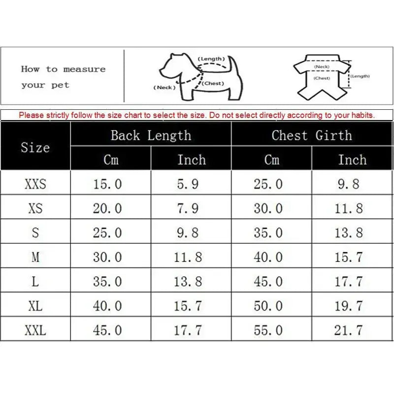 Size chart for measuring pets, showing back length and chest girth dimensions for different sizes from XXS to XXL.