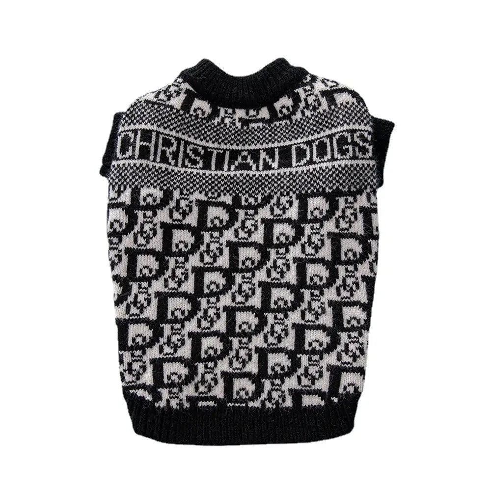 Dog sweater with a black and white patterned design featuring ’CHRISTIAN DOGS’ text.