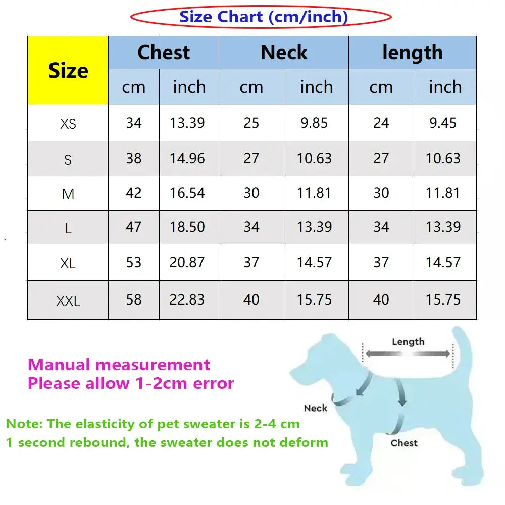 Size chart for pet clothing showing measurements in centimeters and inches for chest, neck, and length across different sizes.