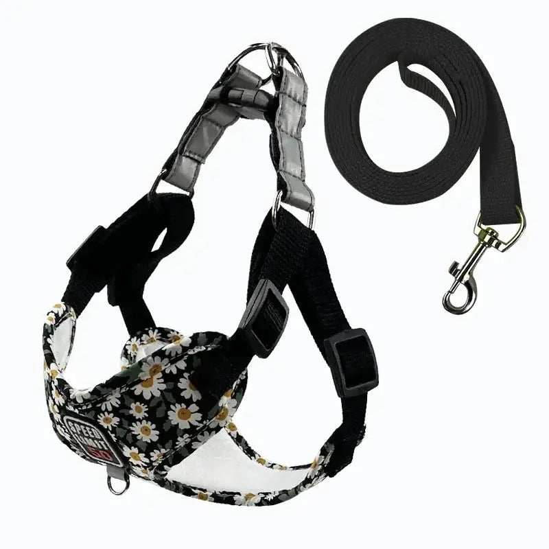 Dog harness with a floral pattern and attached leash.