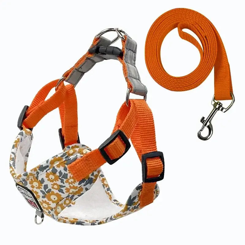 Dog harness with matching leash in orange and floral pattern.