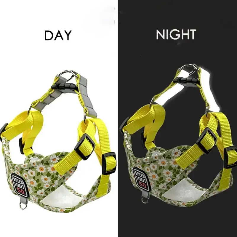 Dog harness with yellow straps and a floral-patterned fabric panel.