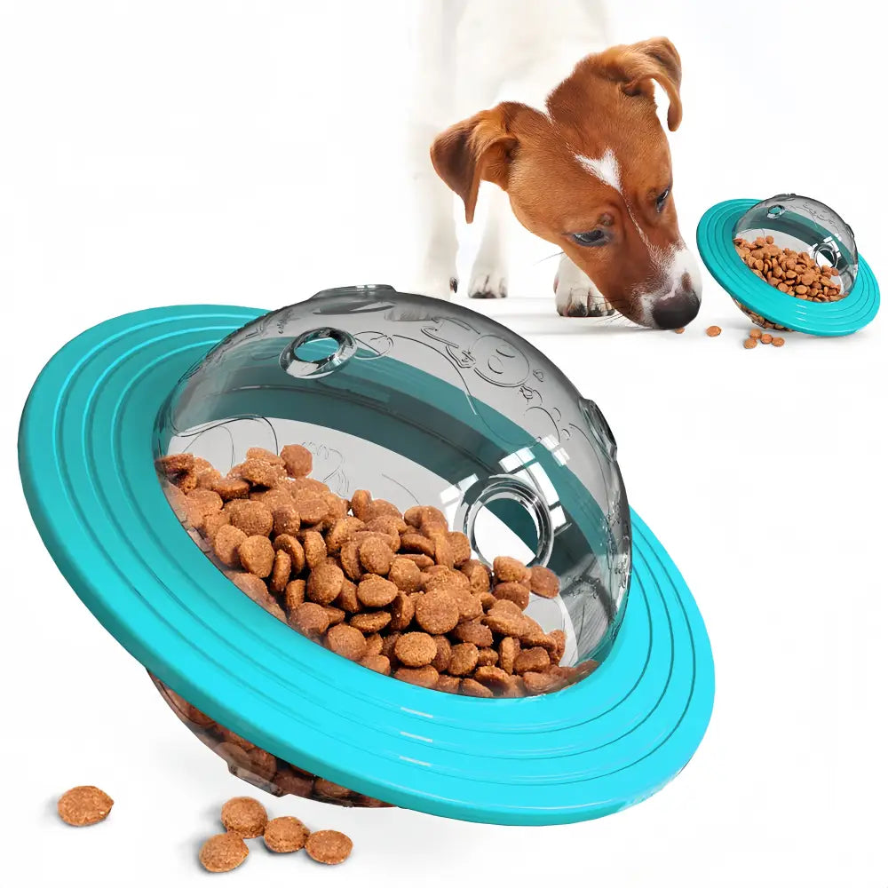 Interactive dog food dispenser toy with a turquoise base and clear dome containing kibble.