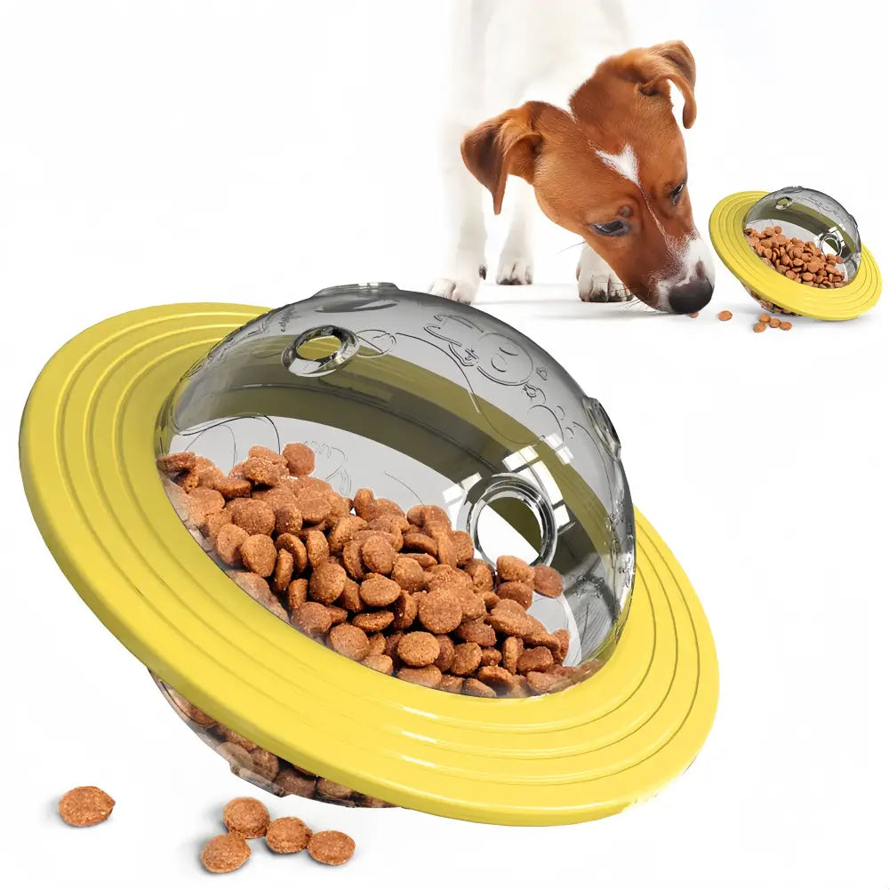 Interactive dog toy shaped like a flying saucer filled with kibble.