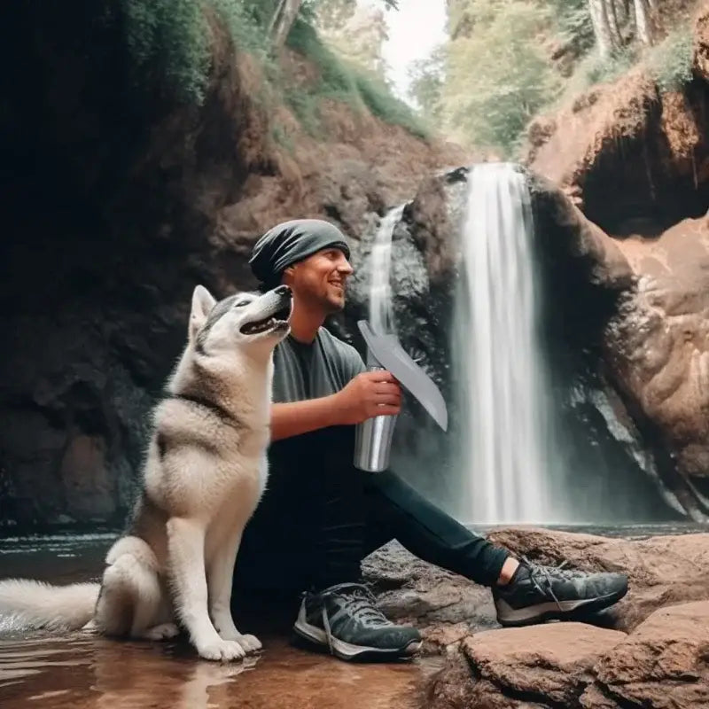 Man sitting with a husky dog near a waterfall.